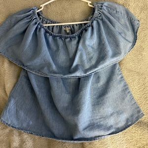 blue off the shoulder shirt